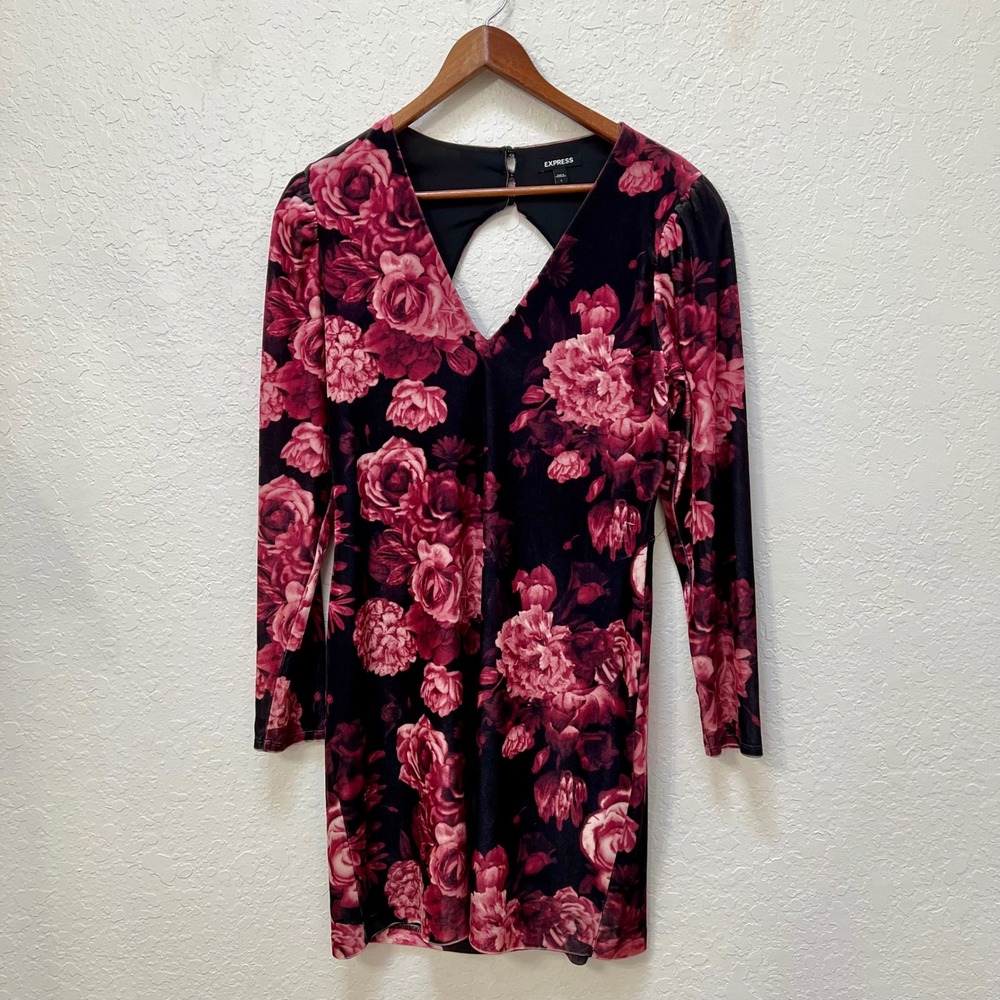 Express Womens Velvet Floral Open Back Mini Dress Pink Black Long Sleeve L